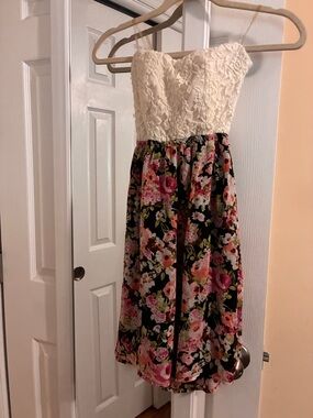 Strapless Floral Midi Dress with Cream Lace Bodice